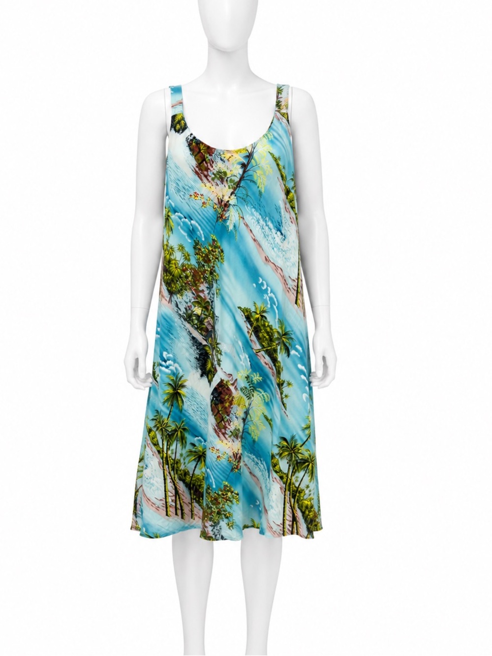 Puanani Hawaiian Tropical Island Print Sundress Dress XL Blue Rayon Made Hawaii